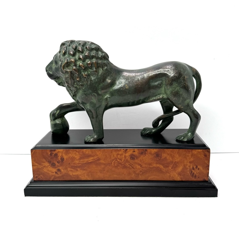 Vintage Proud Standing  Bronze Lion on Maple Burl Base